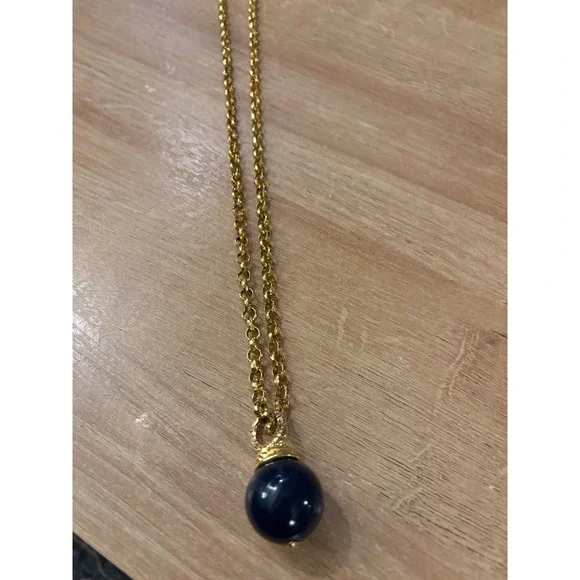 Anne Klein Gold Tone long Strand Rolo Chain Navy Blue Orb Pendant Necklace VTG - Picture 8 of 9